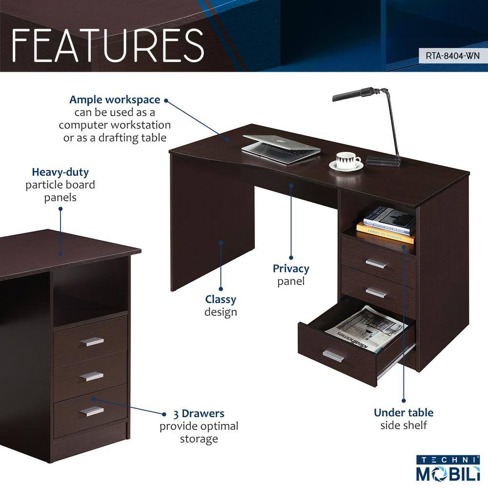 TECHNI MOBILI 51.25 in. Rectangular Wenge 3 Drawer Computer Desk with Built-In Storage RTA-8404-WN