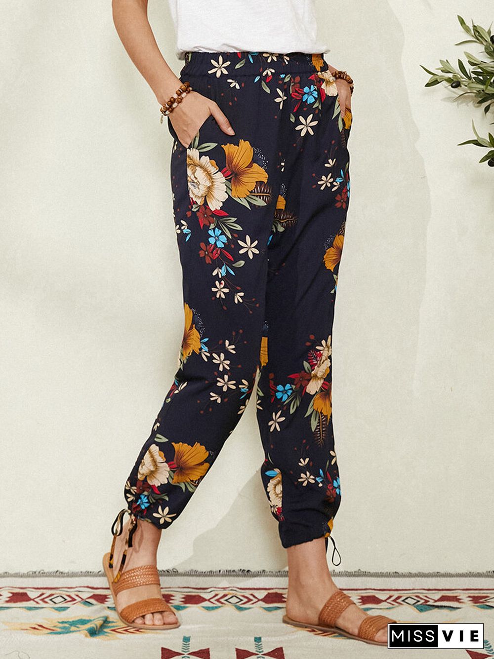 Bohemian Floral Print Knotted Pocket Long Casual Pants for Women