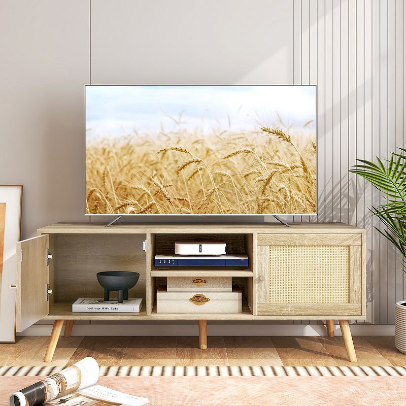 PE Rattan Media Console Table with 2 Cabinets and Open Shelves