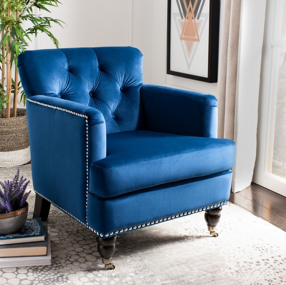 Leonard Tufted Club Chair  Navy Blue/Espresso   Eclectic   Armchairs And Accent Chairs   by Rustic Home Furniture Deco  Houzz