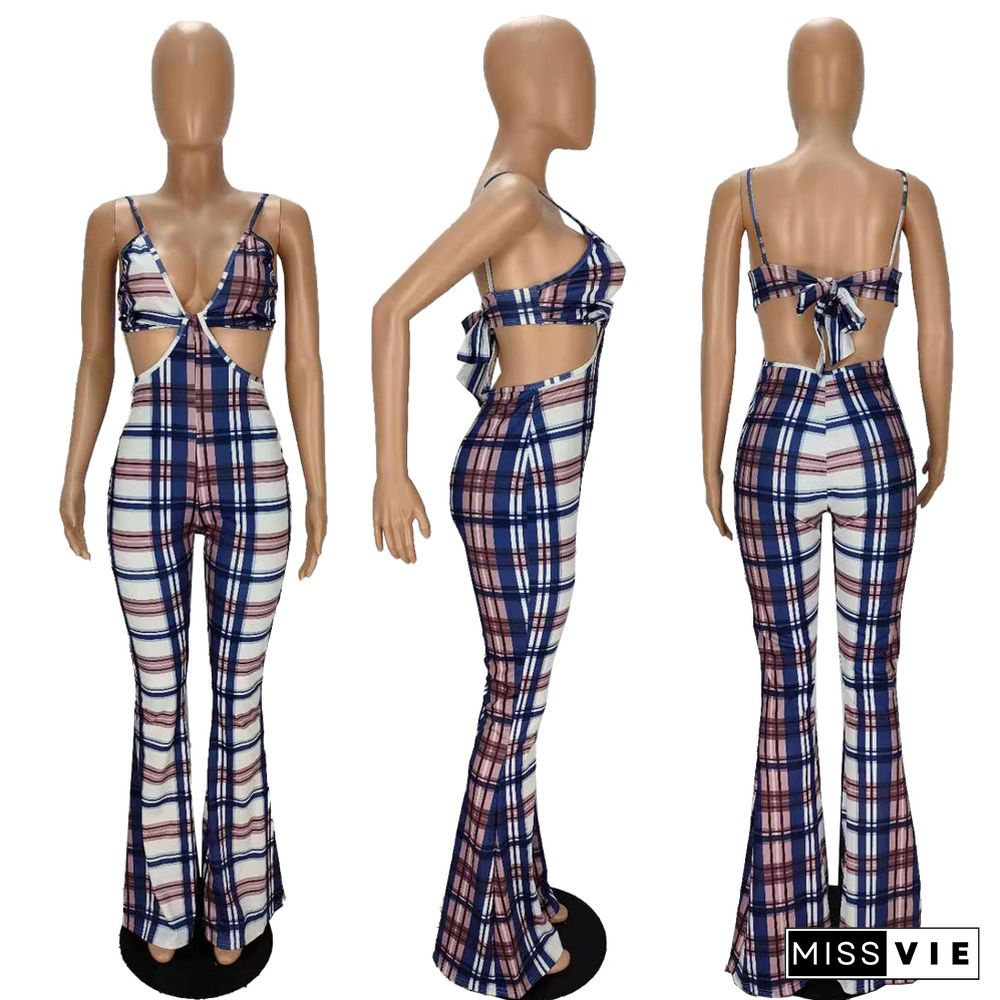 Plaid Printed V Neck Cut Out Sleeveless Flared Halter Jumpsuits