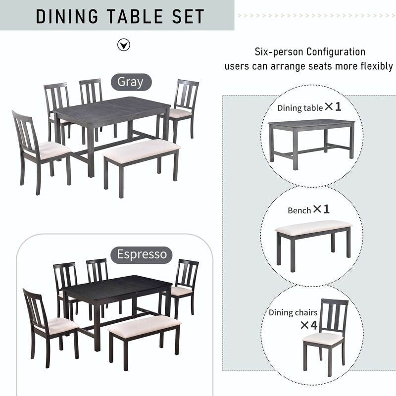 6 piece Dining Table Set  Adjustable Table Length with Hidden Flip Leaves