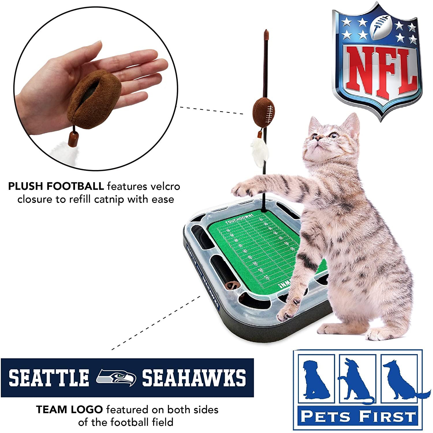 NFL Seattle Seahawks Cat Scratcher Toy with Catnip Plush and Feather Cat and Kitty Toy