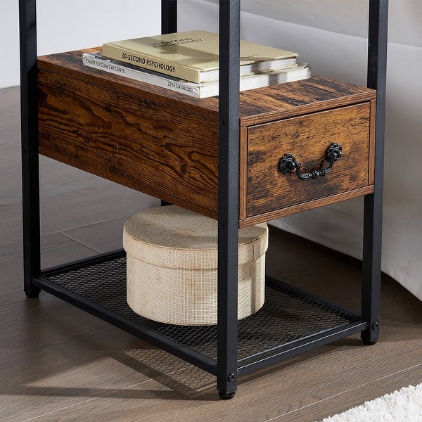 Modern Narrow Tempered Glass End Side Table/Tall Nightstand with Drawer and Shelf