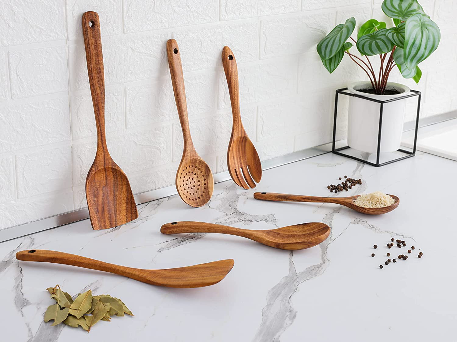 Zulay Kitchen (6 Pc Set) Teak Wooden Cooking Spoon Utensils Set in Non-Stick Smooth Finish