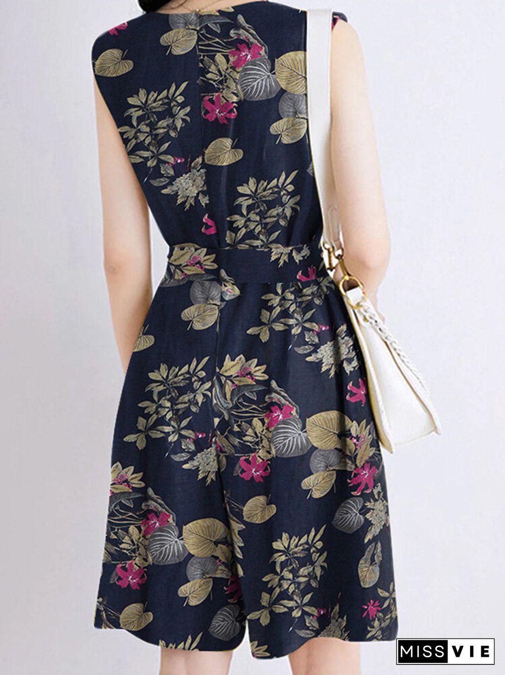 Random Flower Print Pocket Sleeveless Belt Wide Leg Romper