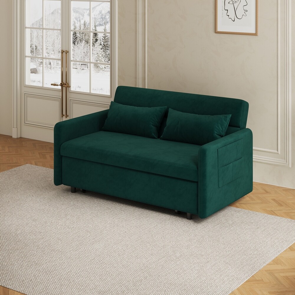 Modern Sleeper Loveseat with Pull out Sofa Bed  Pillows for Living Room  Velvet Folding Loveseat Recliner Bed with Pocket  Green