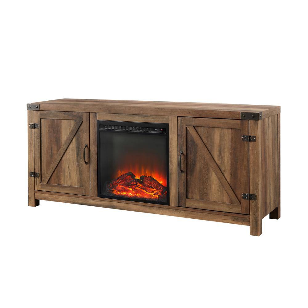 Walker Edison Furniture Company Barnwood Collection 58 in. Rustic Oak TV Stand fits TV up to 65 in. with Barn Doors and Electric Fireplace HD58FPBDRO