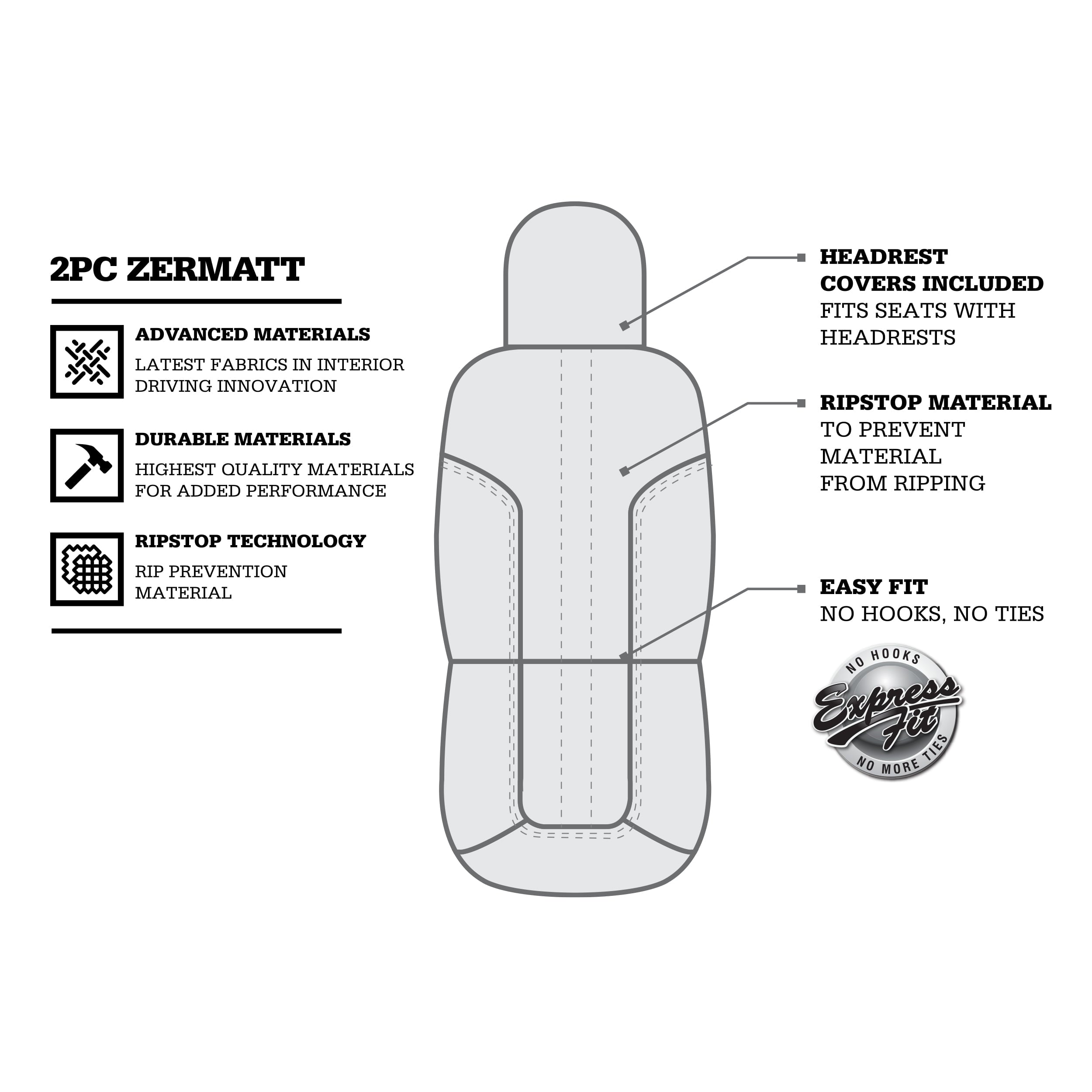 Genuine Dickies 2 Piece Zermatt Car Seat Covers Black Gray， 40317WDI