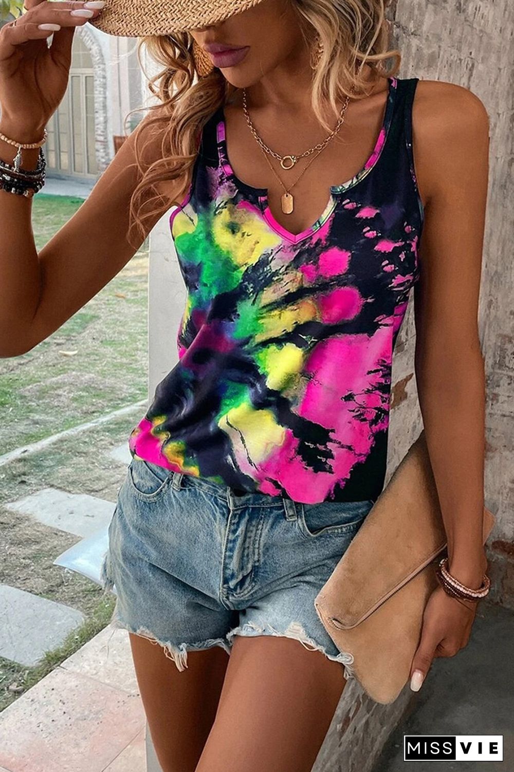 Split V Neck Tie Dye Tank Top