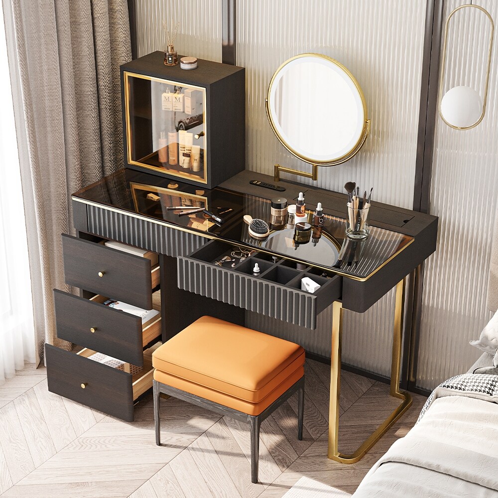 Modern Wood Makeup Vanity Table with LED Lighted Mirror  Dressing Table with PU Leather Stool  5 Drawers