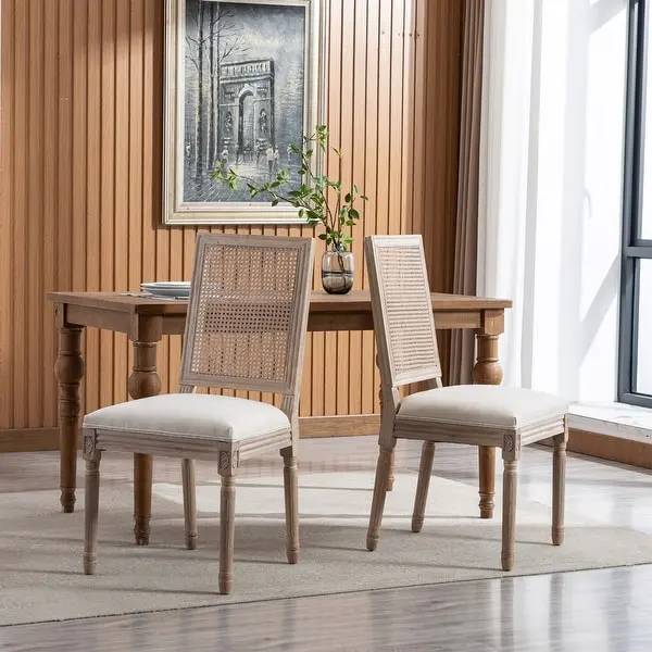 Cream French Style Wood Frame Linen Fabric Dining Chair (Set of 2)