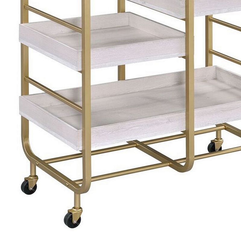 Metal Frame Serving Cart with Adjustable Compartments，Gold and Washed White