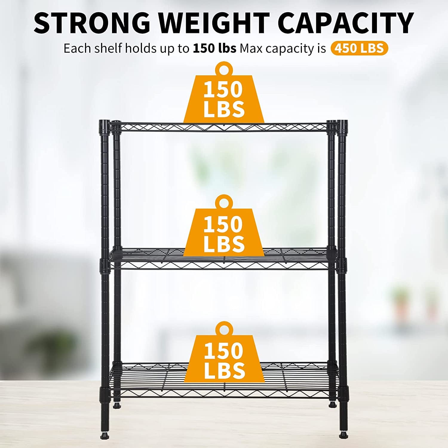 NiamVelo 3-Tier Wire Shelving Unit, NSF Adjustable Metal Storage Shelves 450 lbs Capacity for Small Places, Black