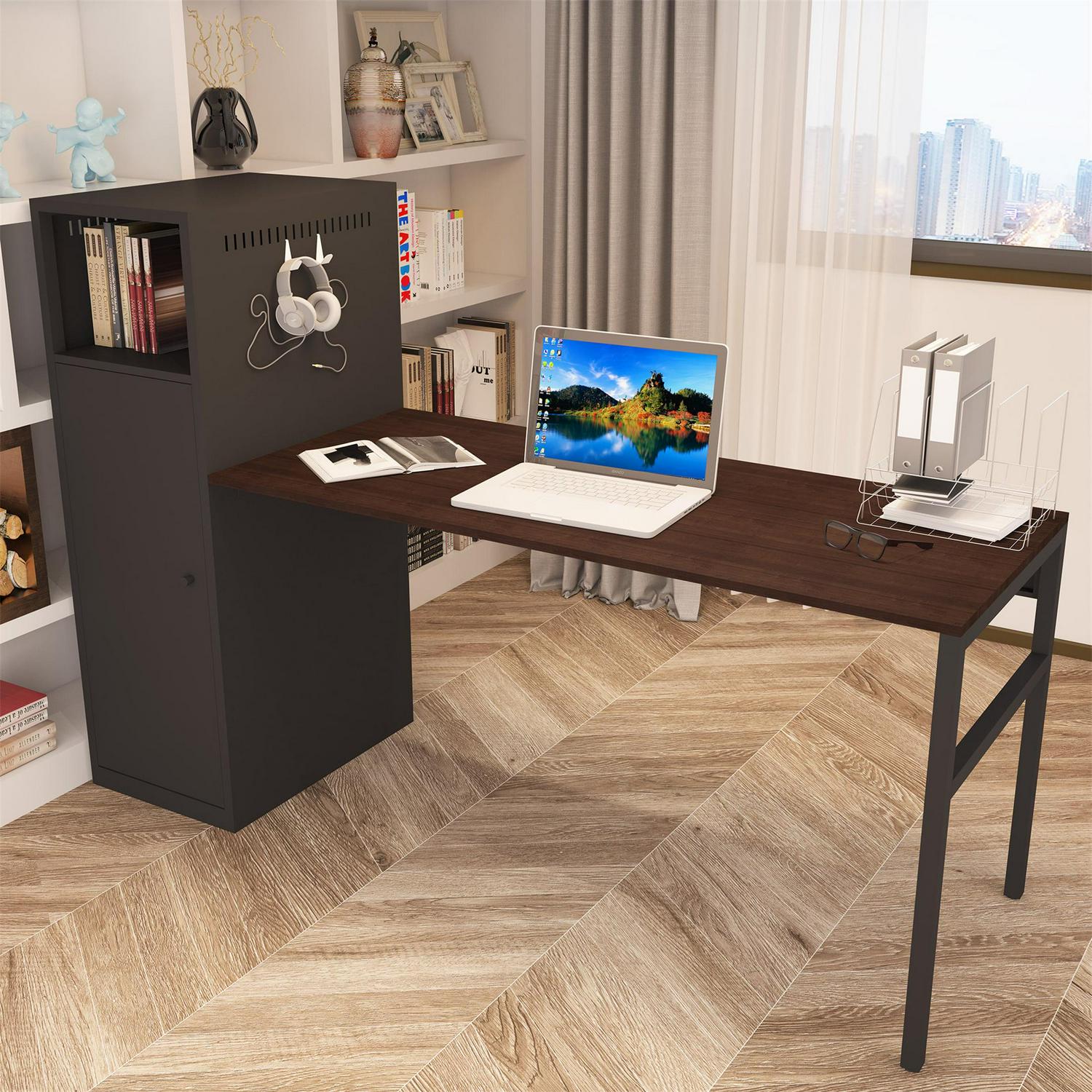 Aukfa Student Desk with Bookcase， Modern Computer Desk， Workstation， Black