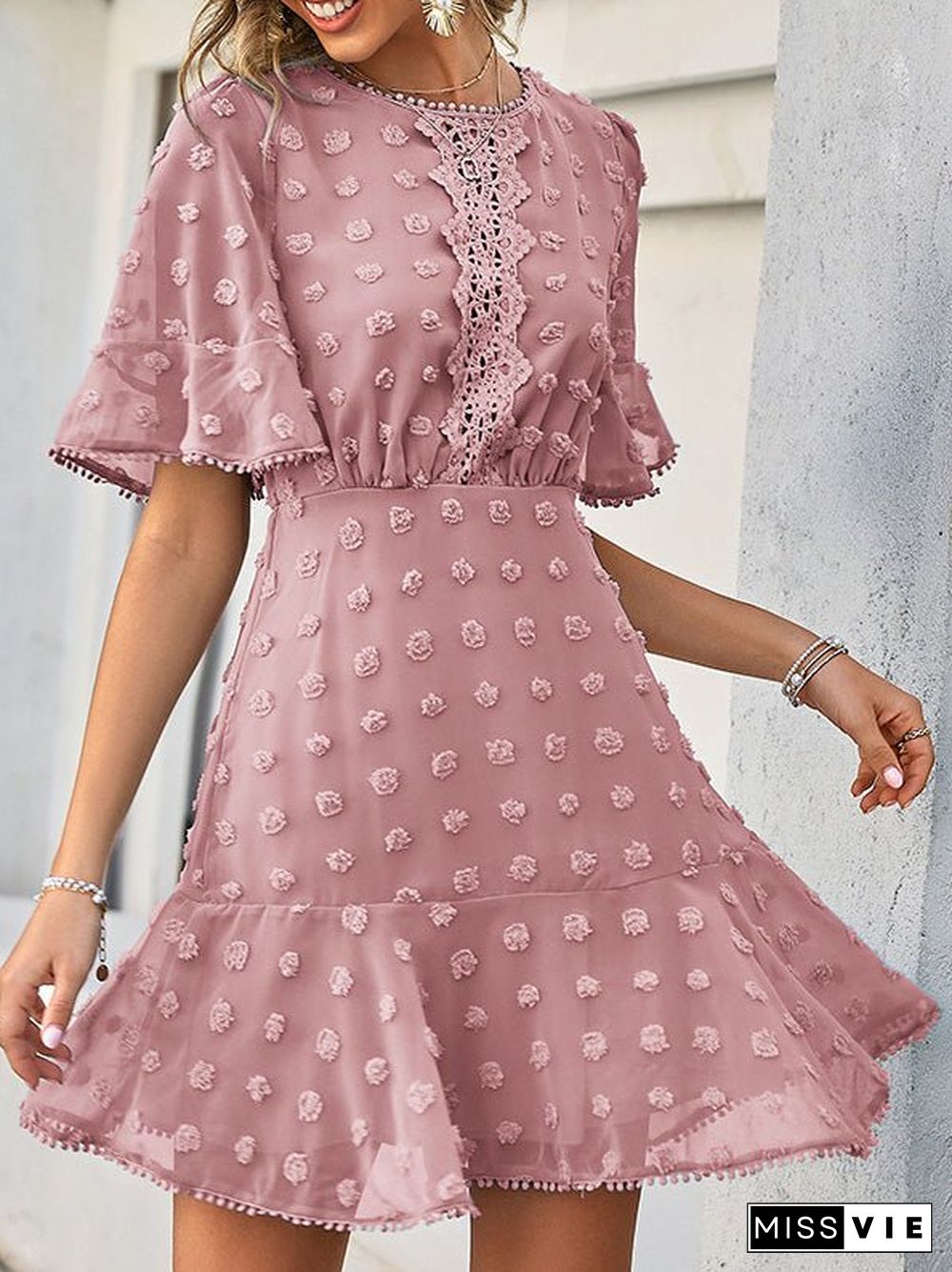 Women'S Dresses Jacquard Polka Dot Lace Fringed Dress