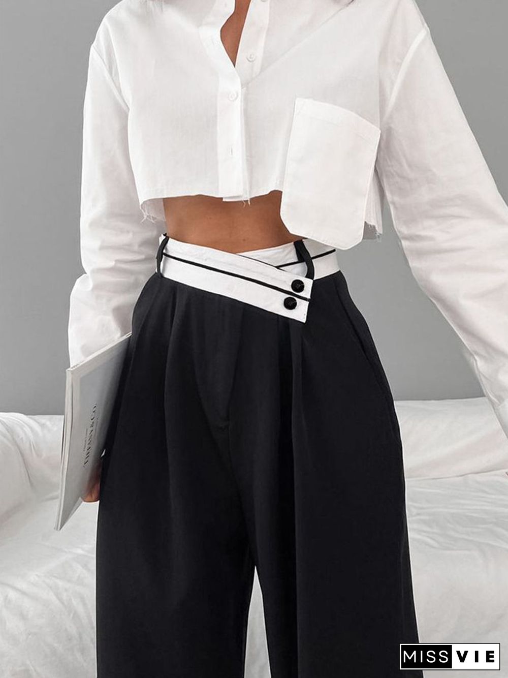 Asymmetrical Contrast Waistband Wide Leg Pants