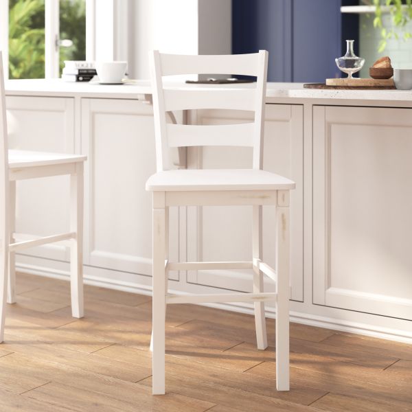 Liesel Set of 2 Commercial Grade Wooden Classic Ladderback Bar Height Barstool with Solid Wood Seat， Antique White Wash