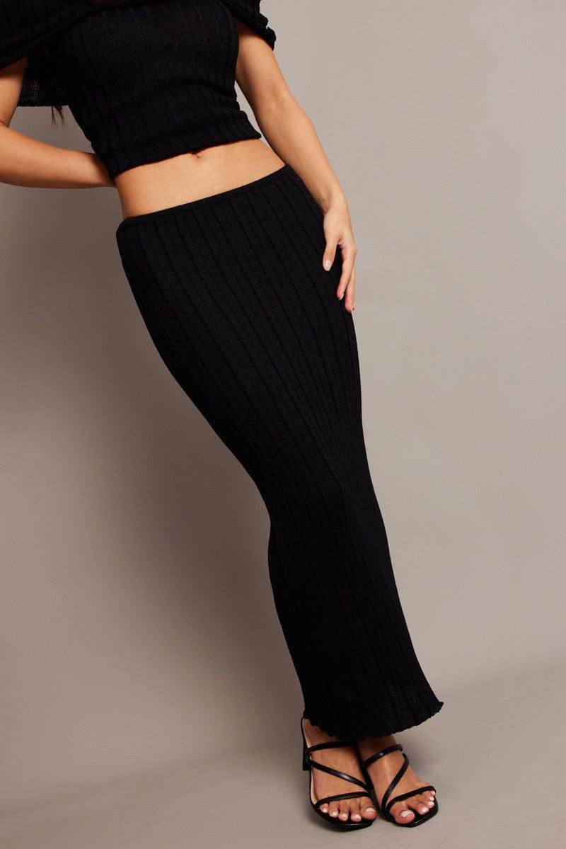 Black Knit Skirt Midi High Rise Relaxed Fit