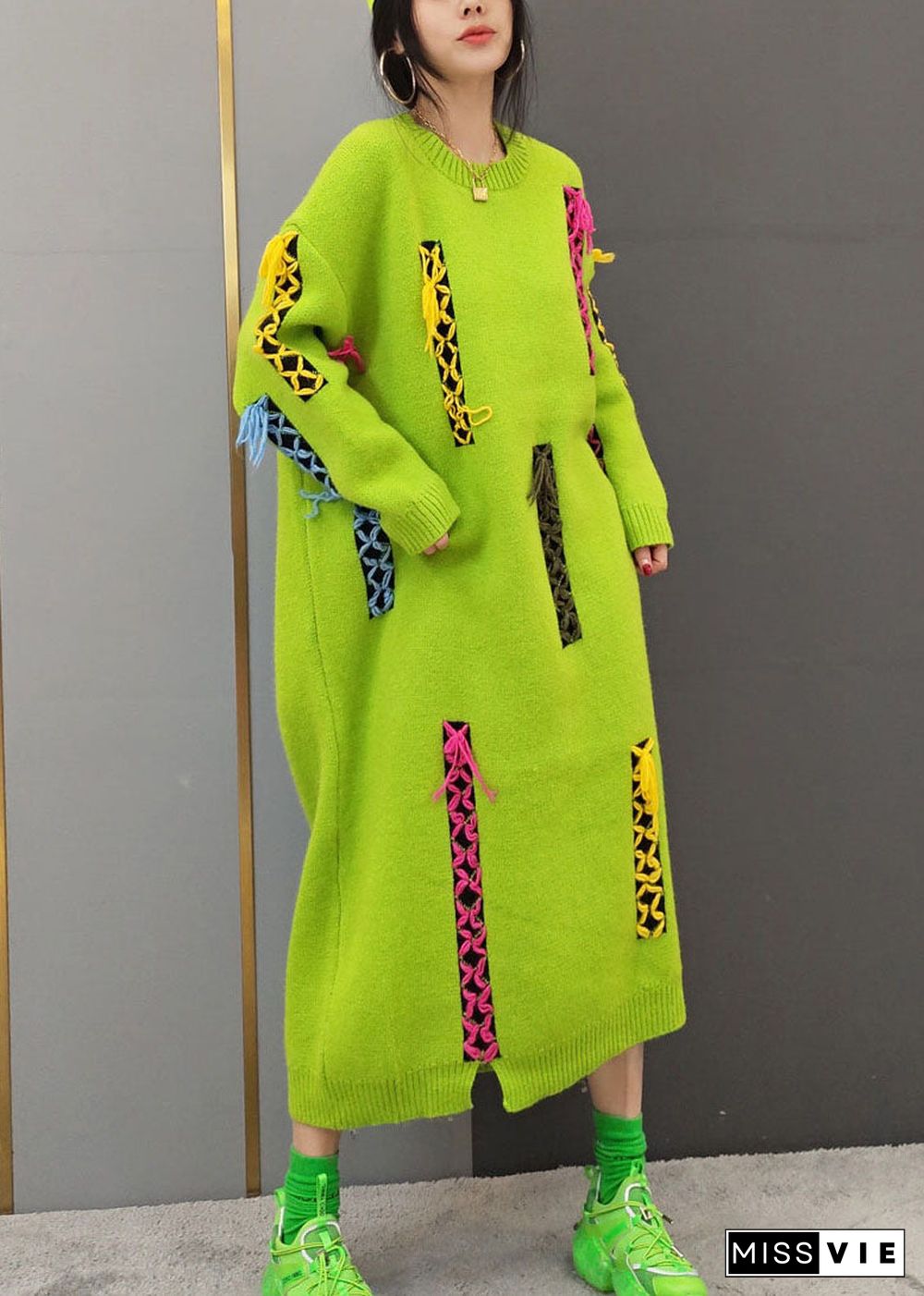 Women Yellow O-Neck Patchwork Knit long Dresses Long Sleeve