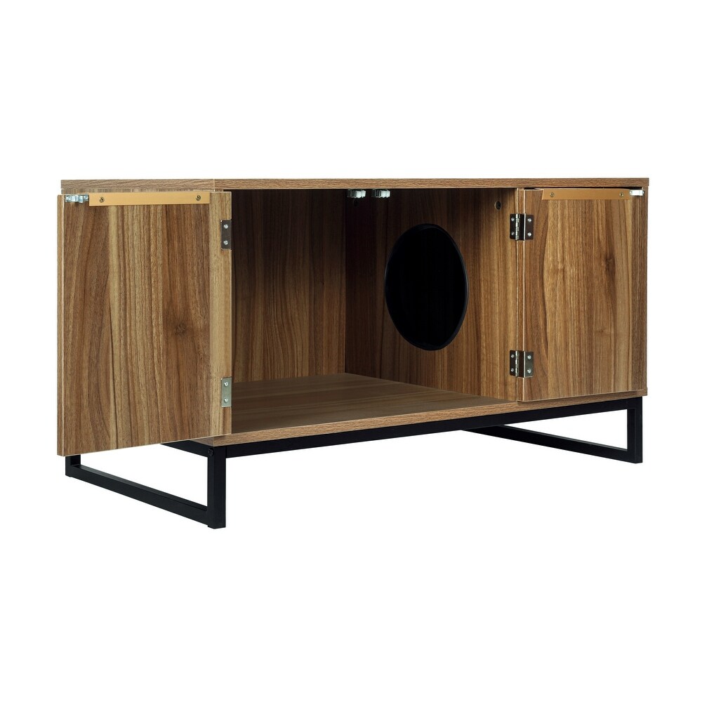 2 in 1 TV Stand  TV Console Table and Cat House w/ Storage   Board Pet House w/ 2 Doors and Metal Base for Living Room  Walnut