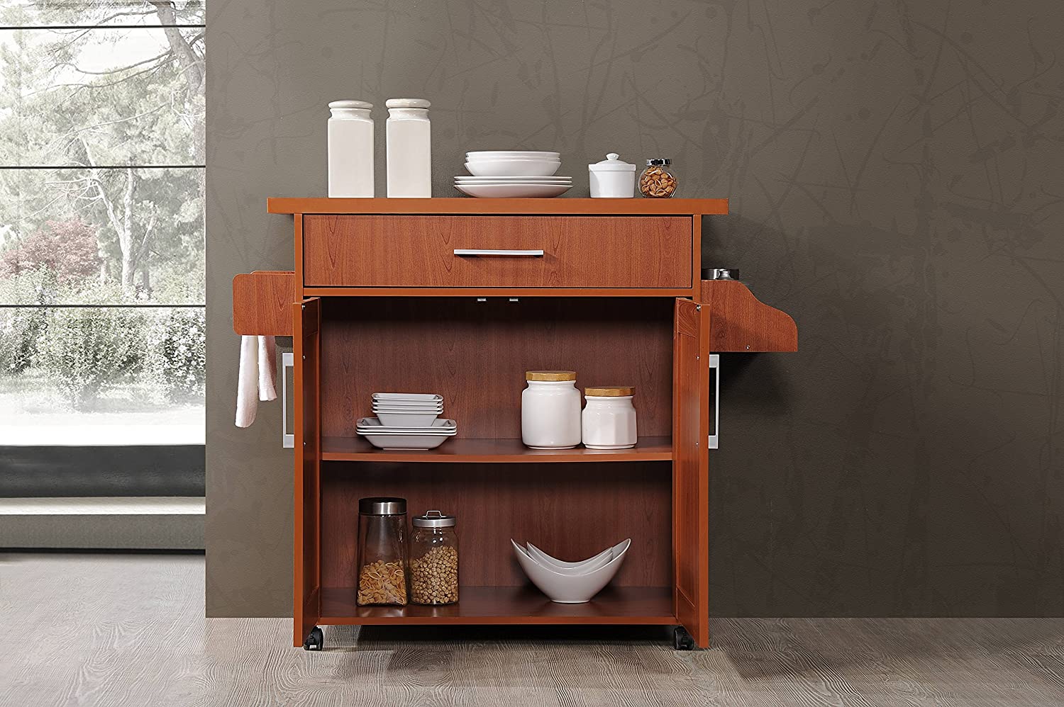 Hodedah Kitchen Island with Spice Rack， Towel Rack and Drawer， Cherry