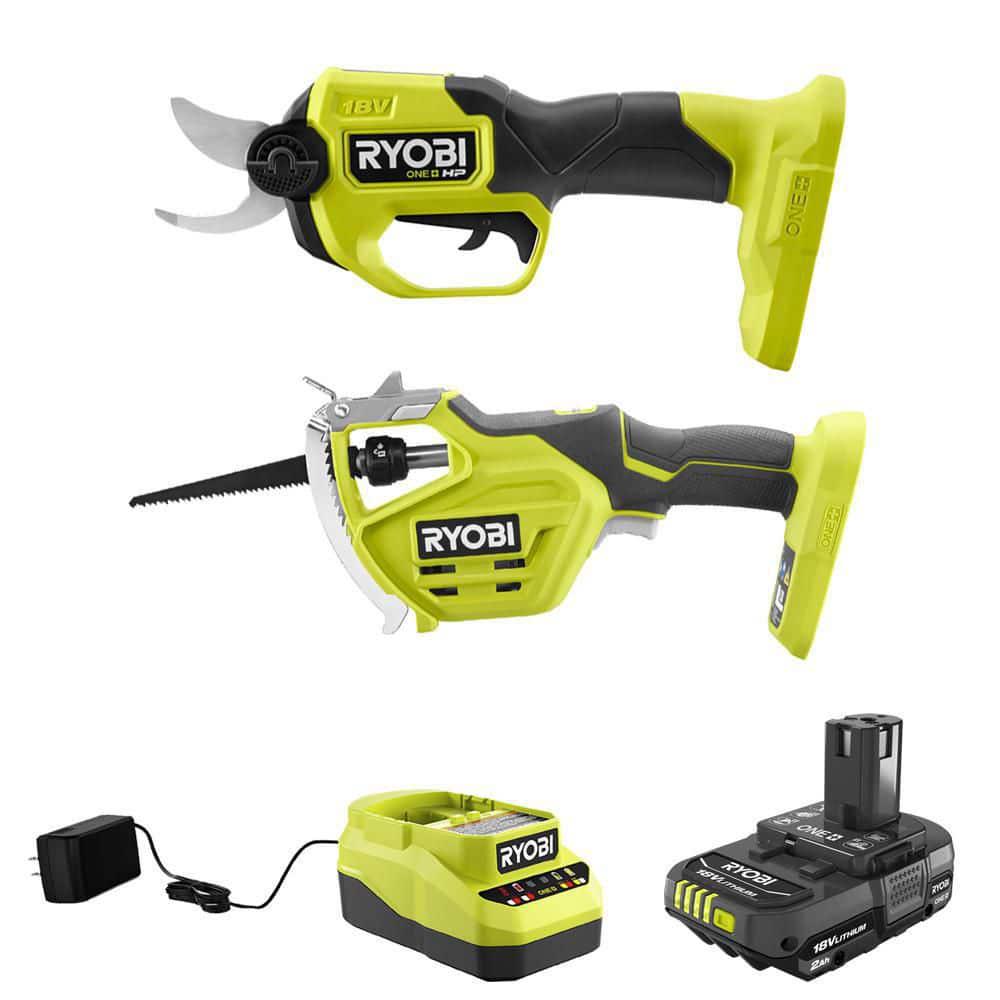 RYOBI ONE HP 18V Brushless Cordless Pruner and Cordless Pruning Reciprocating Saw with 20 Ah Battery and Charger