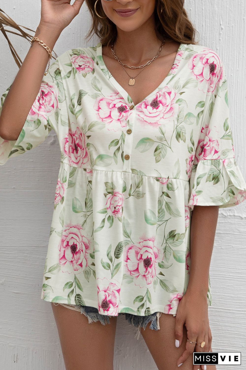 Floral Print V Neck Button Ruffle Blouse Wholesale