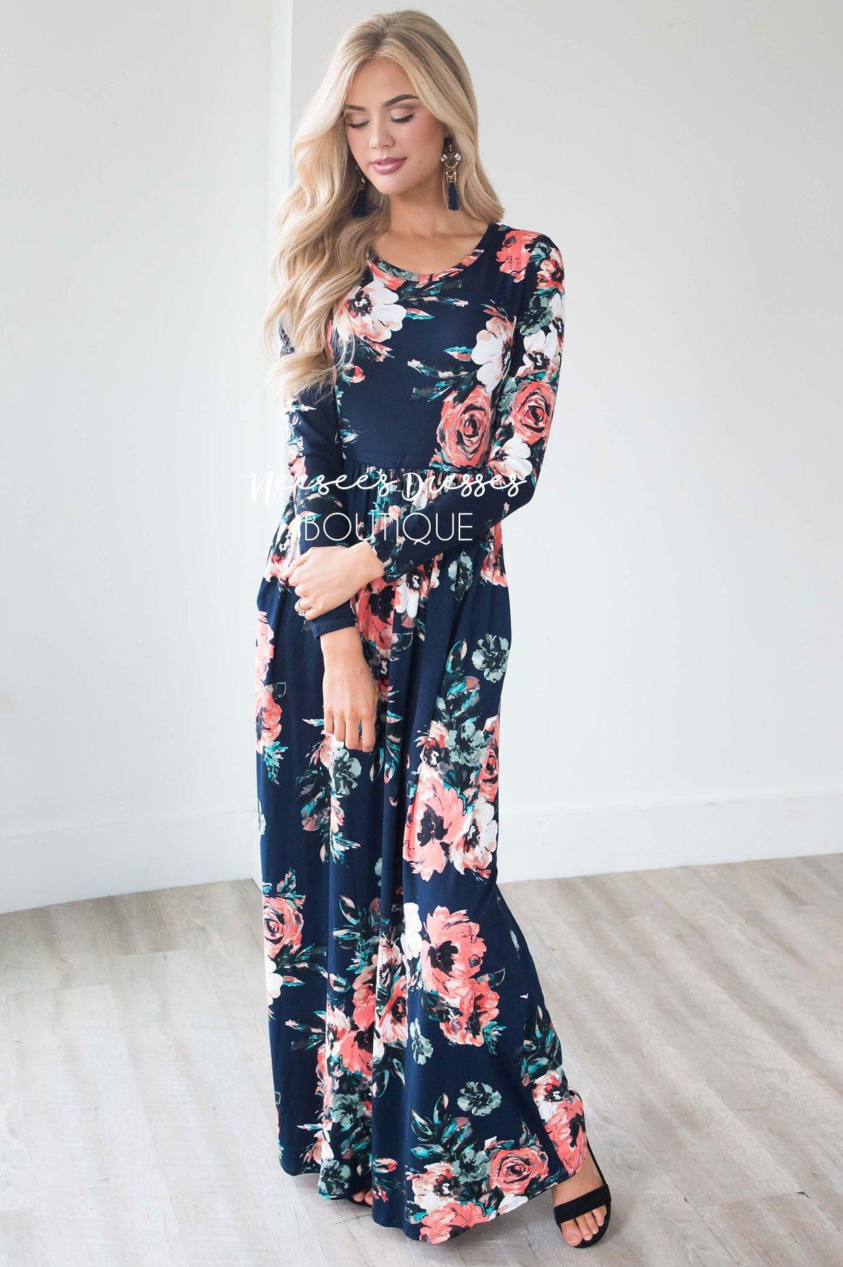 Navy Watercolor Long  Sleeve Maxi Dress