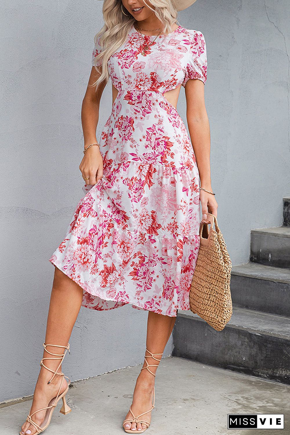 Pink Waist Cut Out Floral Midi Dress