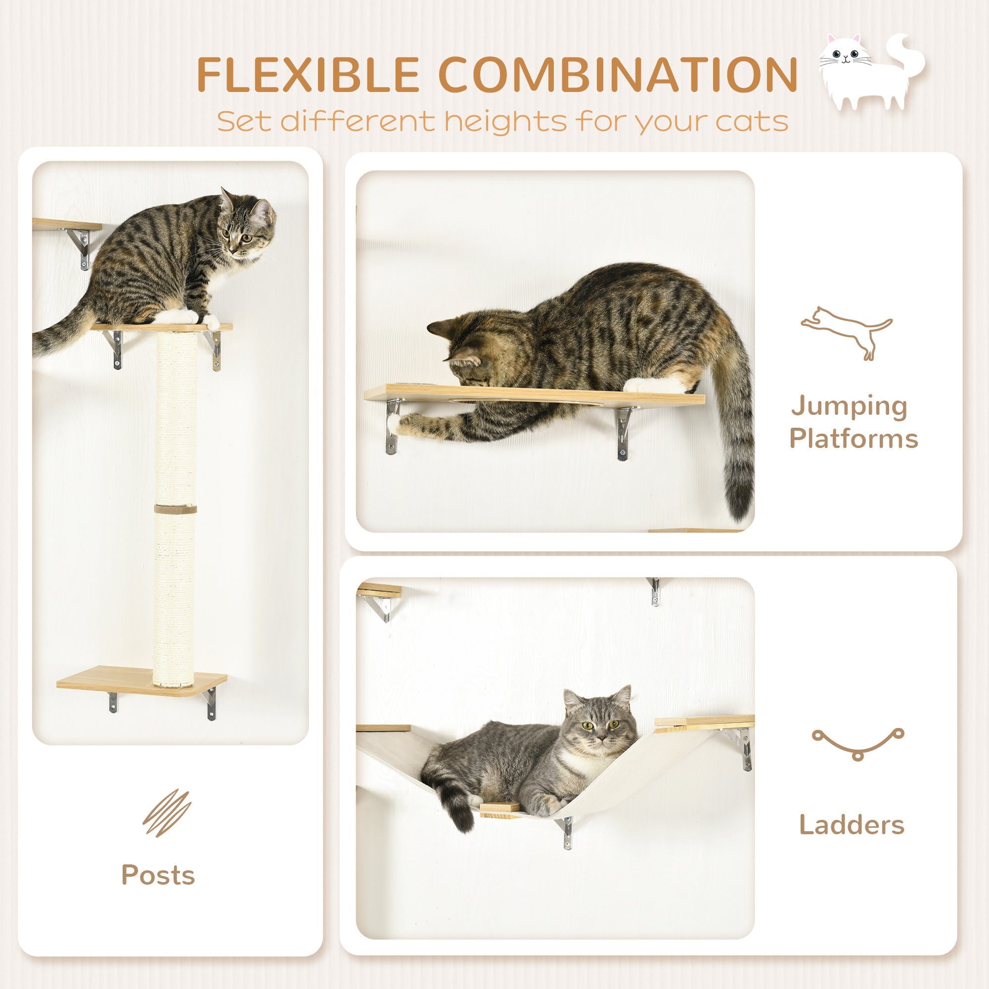 PawHut Unique Cat Tree Made From Cat Shelves with 8 Levels for More Height, Wall-Mounted Cat Tree Climbing Playground with Cat Hammocks, Modern Cat Tree