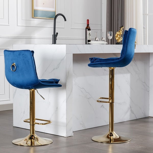 Set of 2 Bar Stools，with Chrome Footrest and Base Swivel Height Adjustable Mechanical Lifting Velvet and Golden Leg