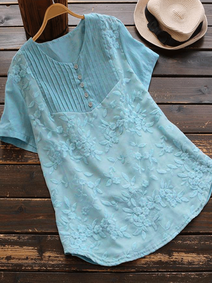 Womens Embroidered Cotton And Linen Double-Layer Blouse