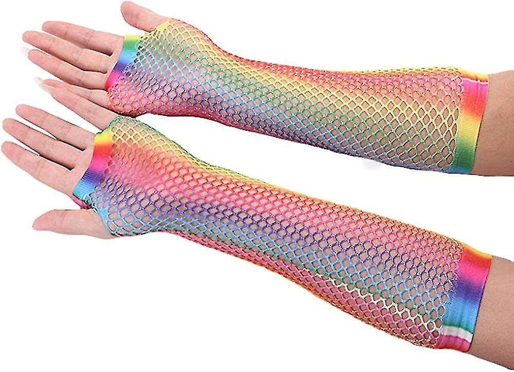 Women's Stretchy Rainbow Gradient Fingerless Fishnet Gloves Costume Party