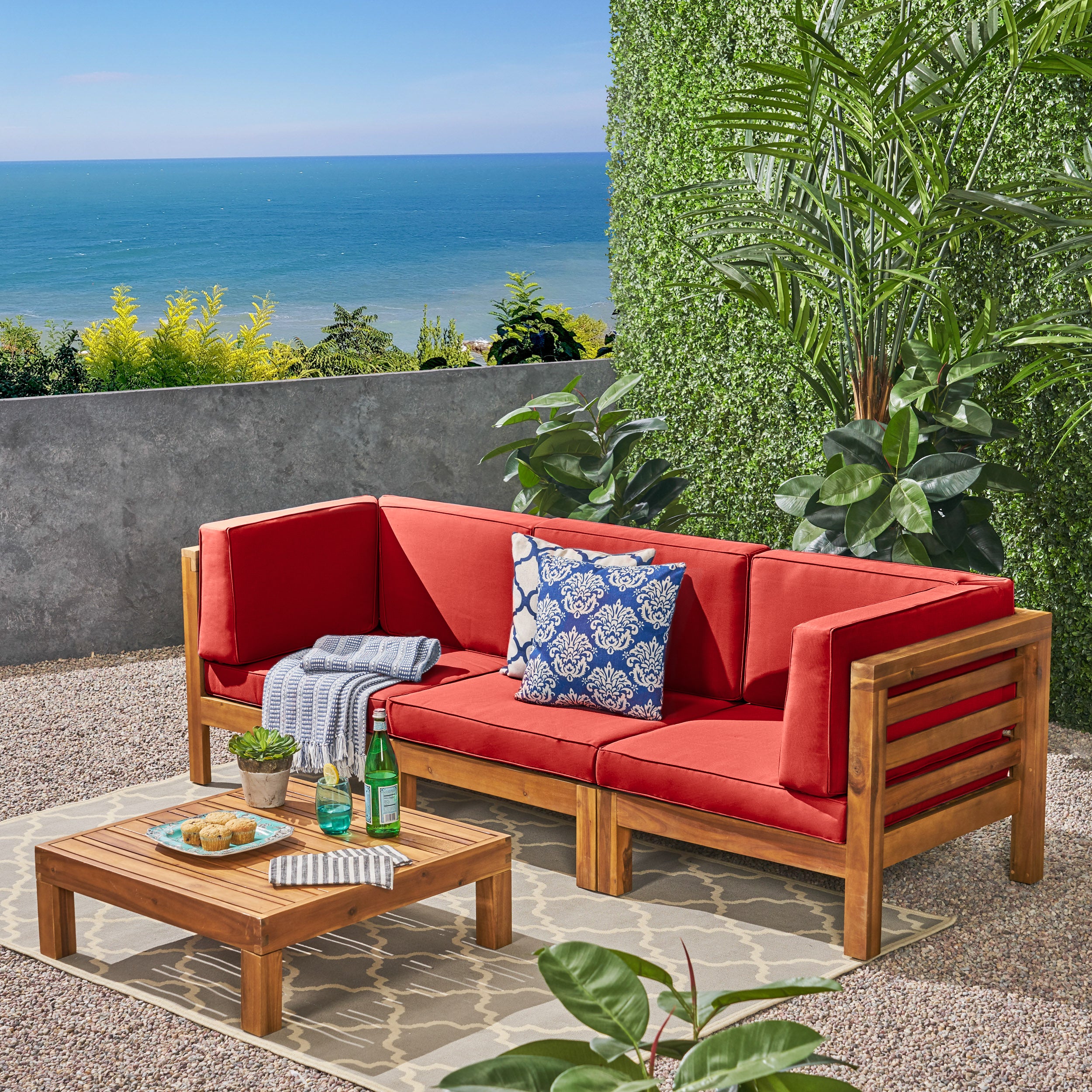 Dawson Outdoor Sectional Sofa Set with Coffee Table - 4-Piece 3-Seater - Acacia Wood - Outdoor Cushions