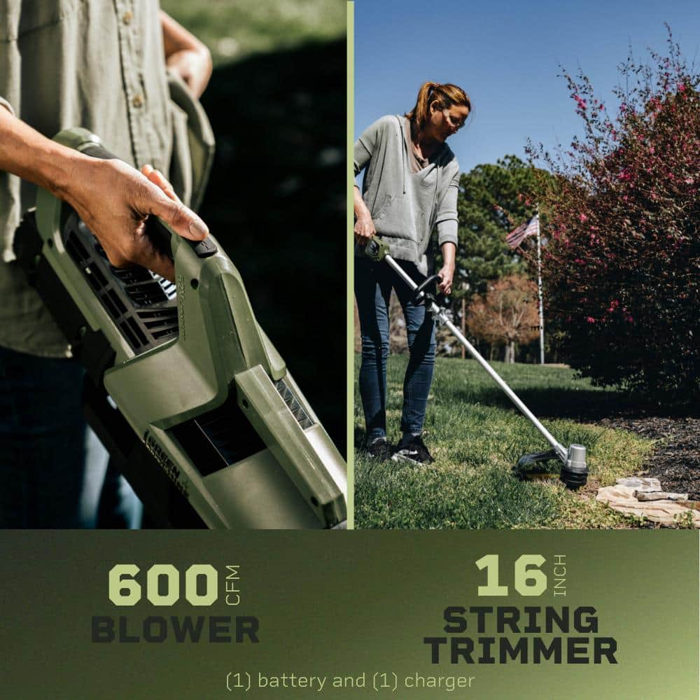 Green Machine 62V 2-Tool Combo Kit: 600 CFM， 120 MPH Axial Blower， 16 in Brushless String Trimmer， 4Ah battery， Rapid Charger (4 pcs)