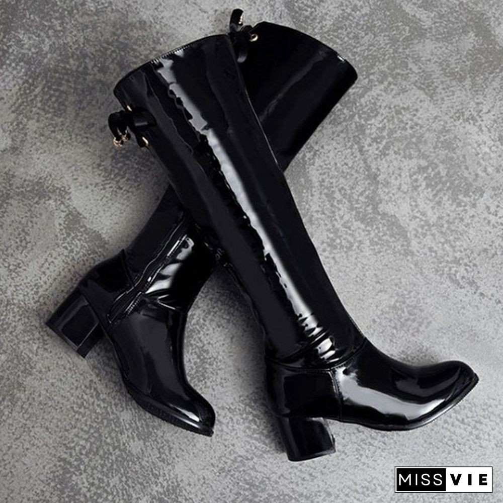 Women Knee High Boots Patent Leather Shoes Chunky Mid Heel Winter Boots Spring Autumn Fashion Plus Size