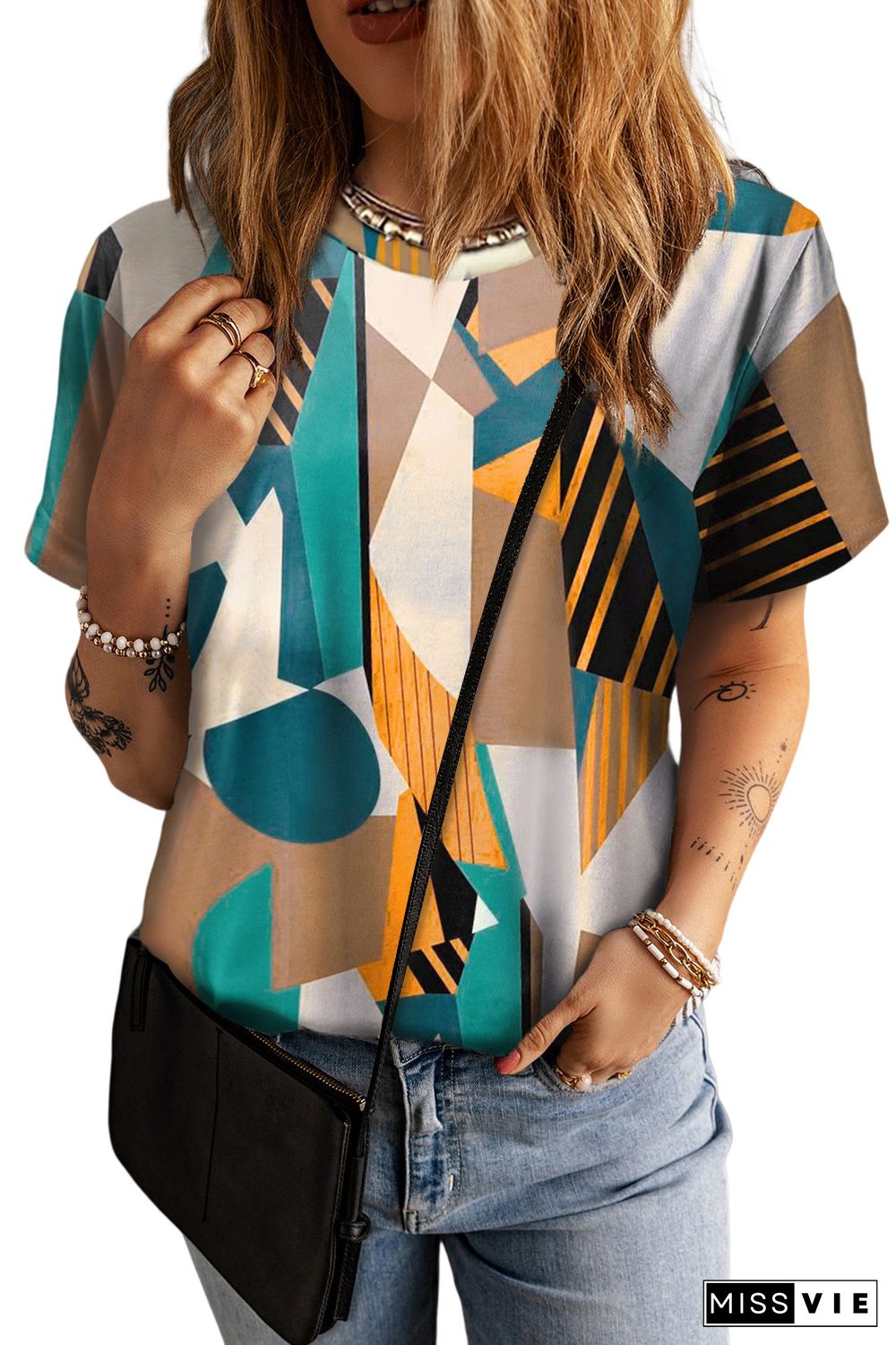 Yellow Geometric Print Round Neck Casual T-Shirt