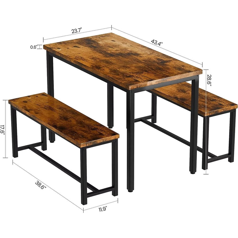 Industrial 3 Piece Dining Table Set  Retro Wood Kitchen Table Set with 2 Benches for Home Kitchen  Dining Room  Restaurant