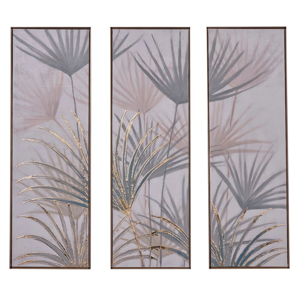 Brown Canvas Palm Leaf Framed Wall Art with Gold Frame (Set of 3)