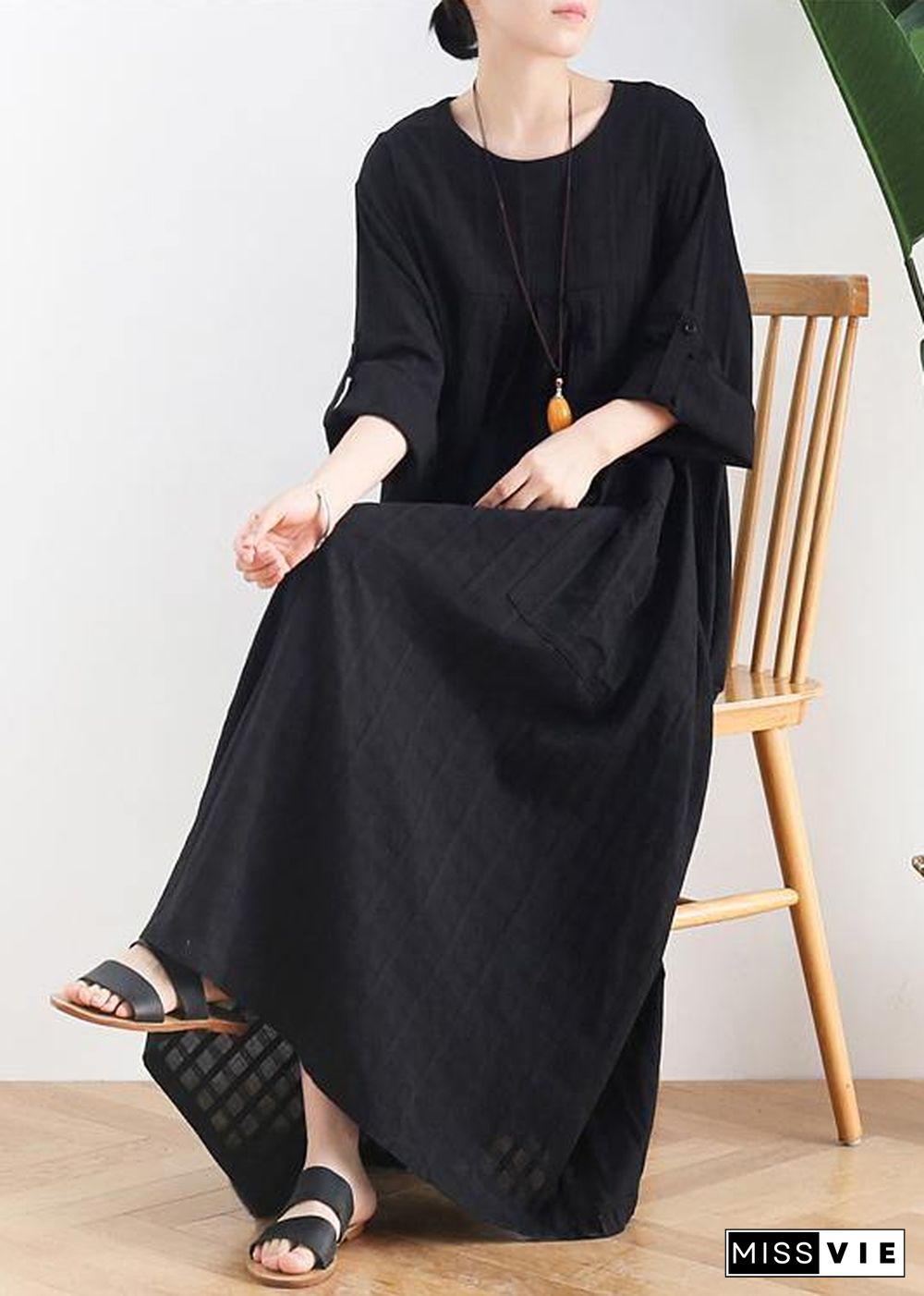 Women black cotton quilting dresses o neck Batwing Sleeve Maxi Dresses