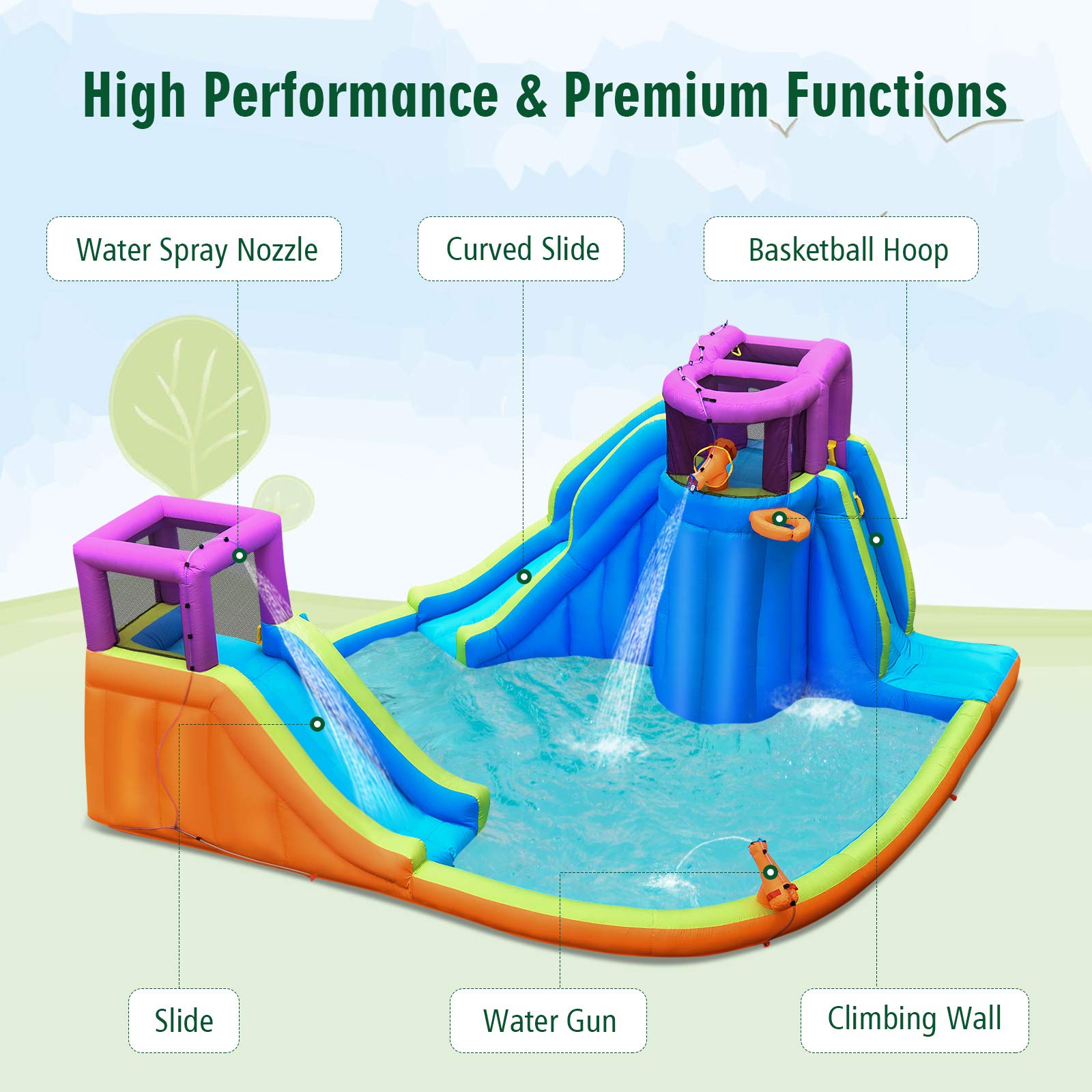 Costzon Inflatable Water Park, Double Long Giant Water Slide with/950W Air Blower