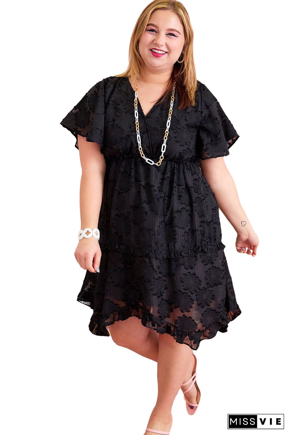 Black Floral Jacquard Flutter Sleeve Plus Size Mini Dress