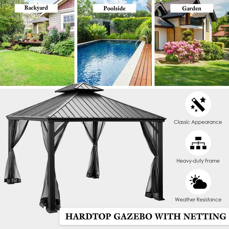 12 x 10 FT Hardtop Gazebo with Netting & Central Hook, 2-Tier Outdoor Patio Metal Gazebo Canopy Tent