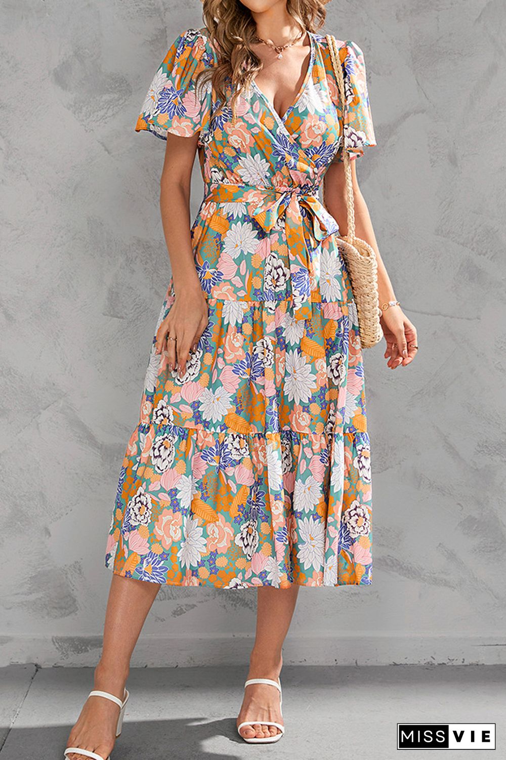 Wrap V Neck Tiered Midi Floral Dress