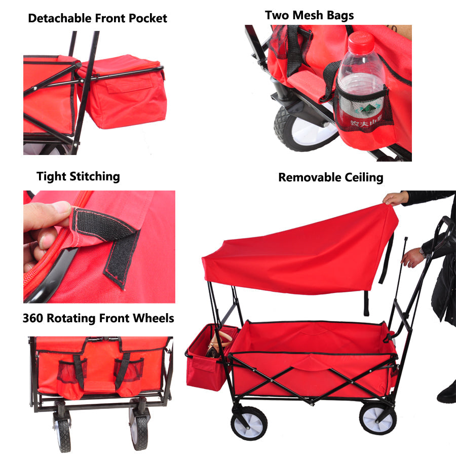 TOPCHANCES Collapsible Wagon Camping Garden Cart with Removable Canopy, Folding Wagon with Adjustable Push Handles for Shopping, Picnic, Beach, Camping, Sports (Red)