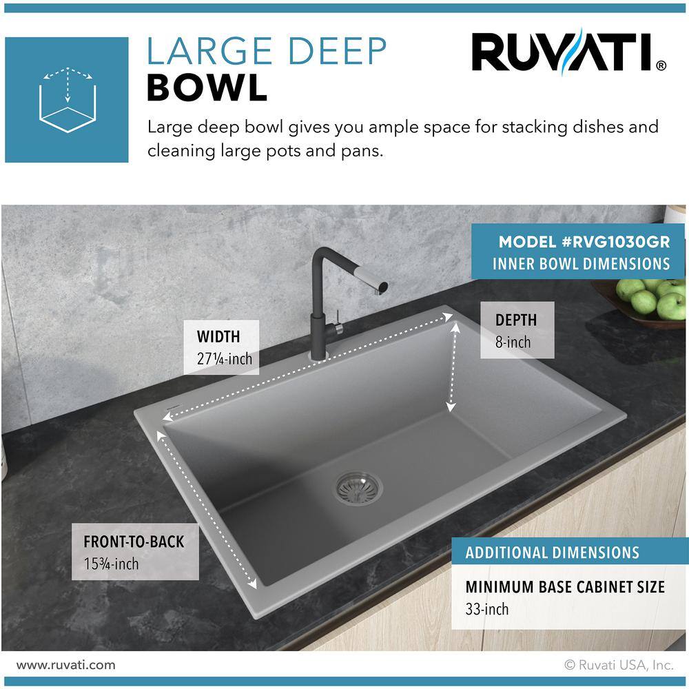 Ruvati epiGranite Silver Gray Granite Composite 30 in. x 20 in. Single Bowl Drop-In Kitchen Sink RVG1030GR