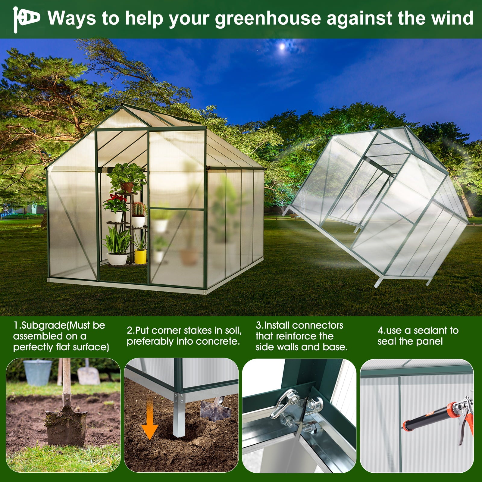 JULY'S SONG Greenhouse,6'x 8' Heavy Duty Polycarbonate Walk-in Plant Garden Greenhouse with Window for Winter,Windproof Gardening Green House Kit for Backyard/Outdoor Use