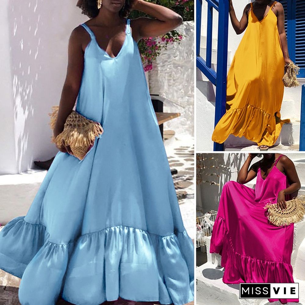 Women Summer Holiday Sleeveless V-Neck Solid Color Spliced Ruffle Hem Plus Size Loose Maxi Dress