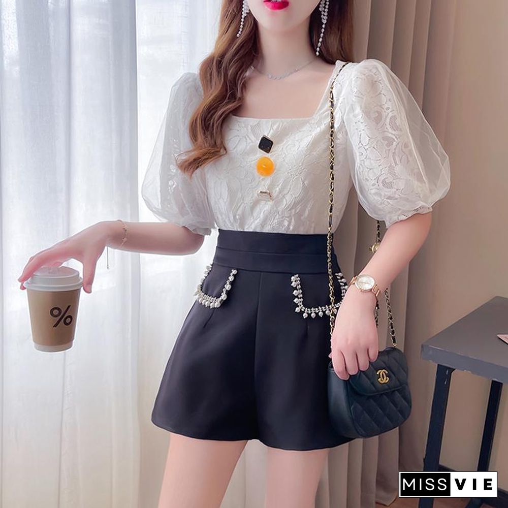 Puff Sleeve Lace Tee+Shorts P14297